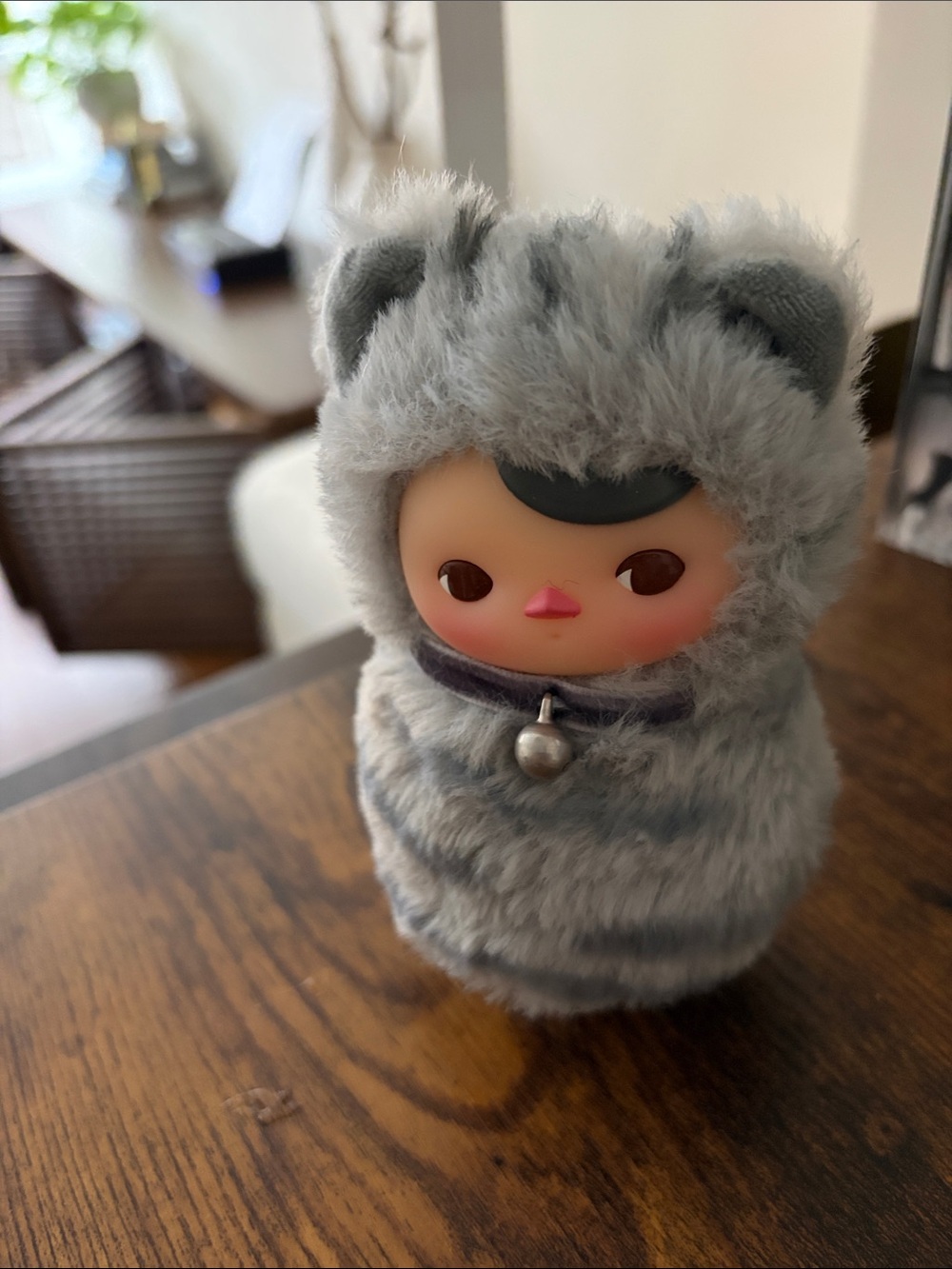 Plush Grey Fuzzy Small Pet Toy with Bell Collar - Grey